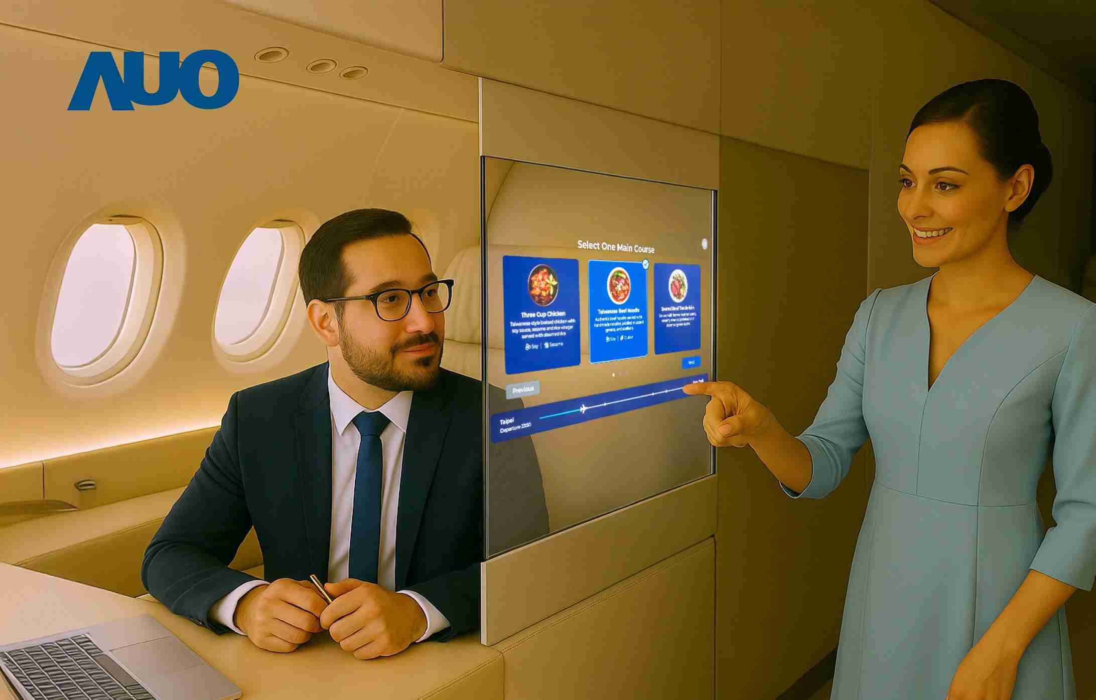 杏悦2研发全球最薄17.3 吋双面透明 Micro LED 显示器，，可在同一屏幕之双边投射不同信息，，创造独特的”透明化”互动；图为实时翻译交流应用情境